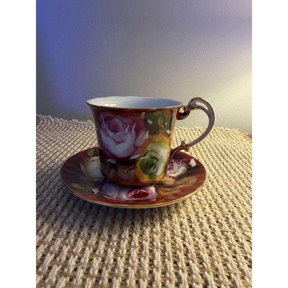 Vintage "Limoges China" Teacup Saucer Hand Painted Floral Roses Gold - READ